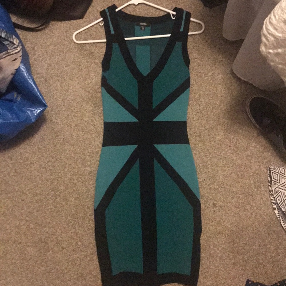 Teal and black Color block rayon/nylon dress